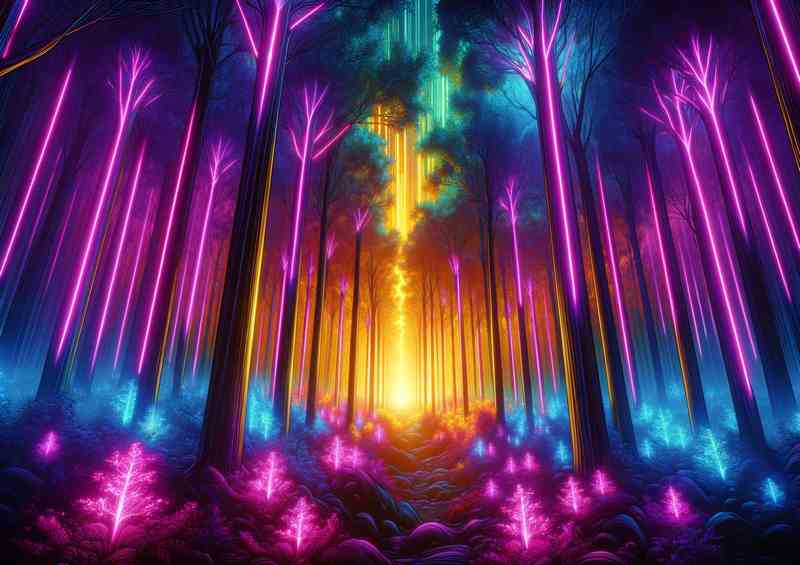 Neon lit forest at twilight with trees glowing