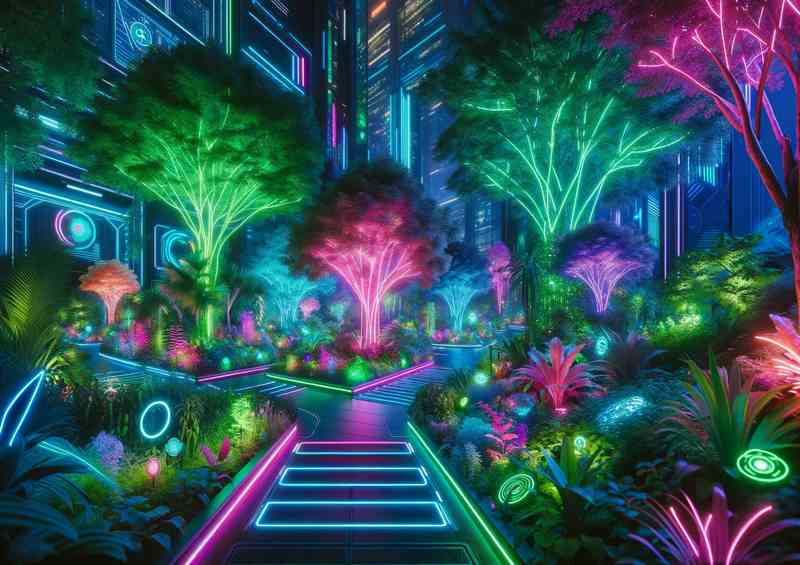 Neon lit futuristic garden at dusk