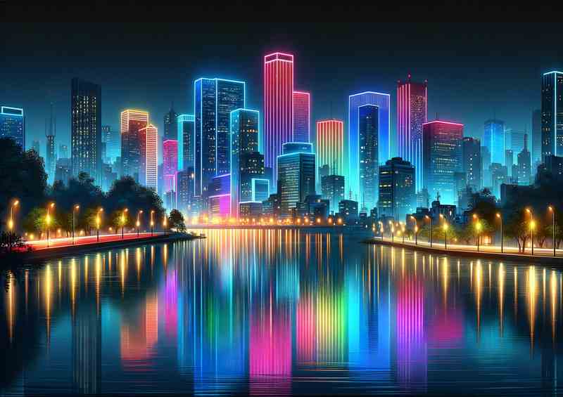 Neon skyline reflections in tranquil waters