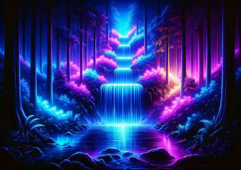 Neon waterfall in a mystical forest The waterfall