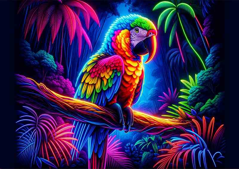Parrot perched on a branch rendered in a neon art style