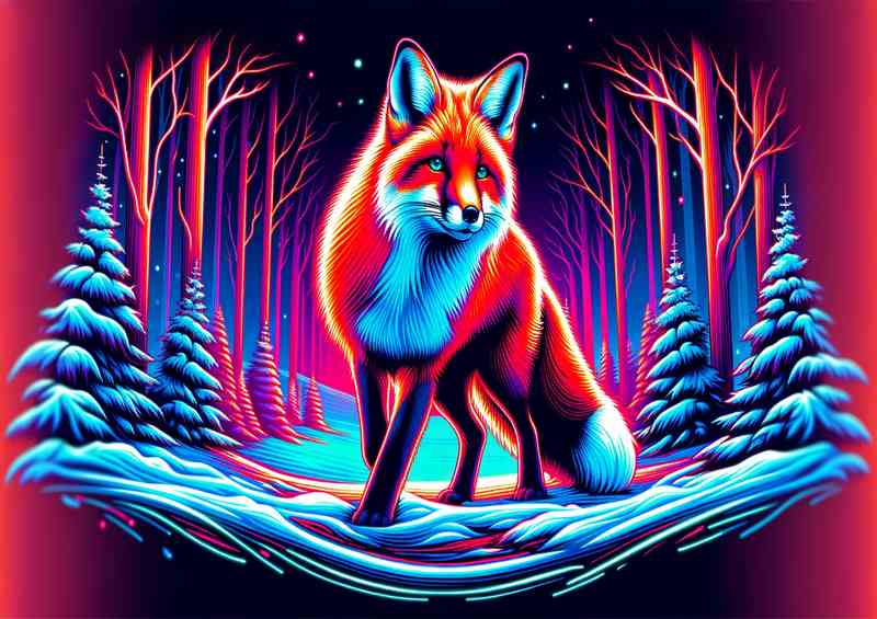 Red fox in a snowy landscape neon art style