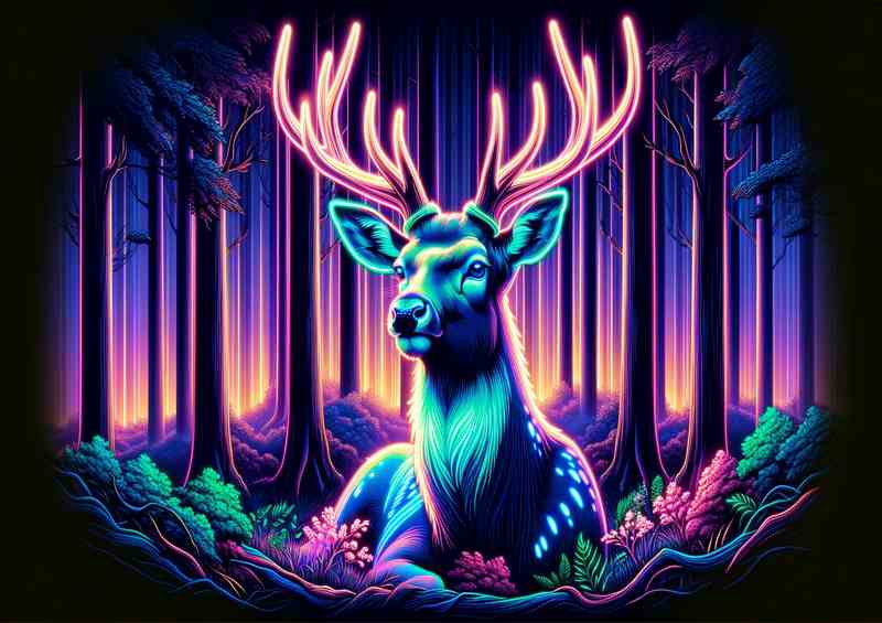 Regal deer in a forest depicted in a neon art style
