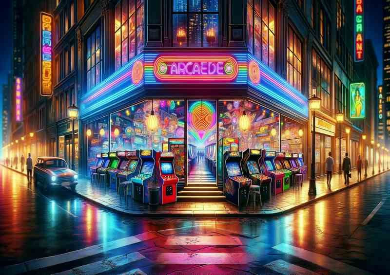 Retro Neon Arcade in a Bustling City