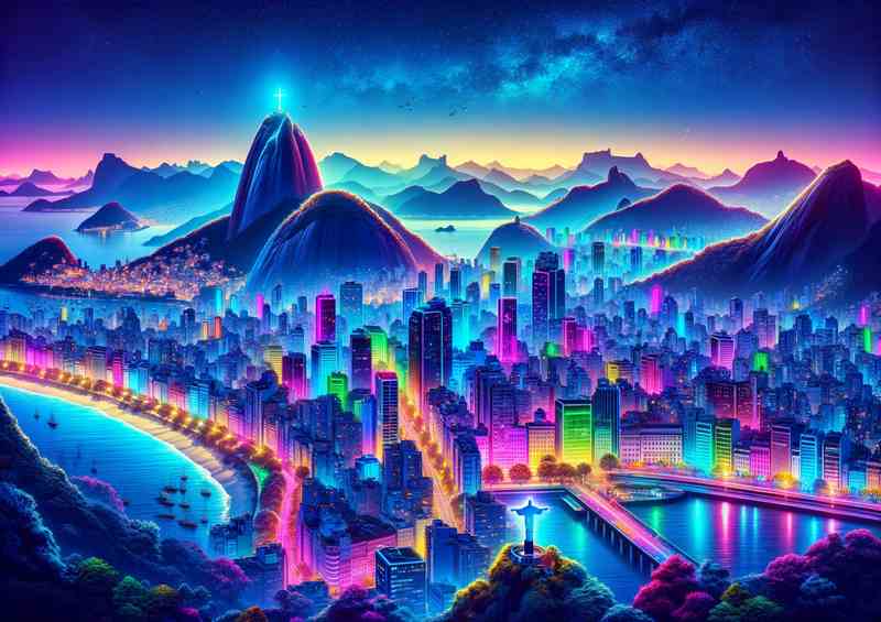 Rio de Janeiro skyline aglow with vibrant neon colors