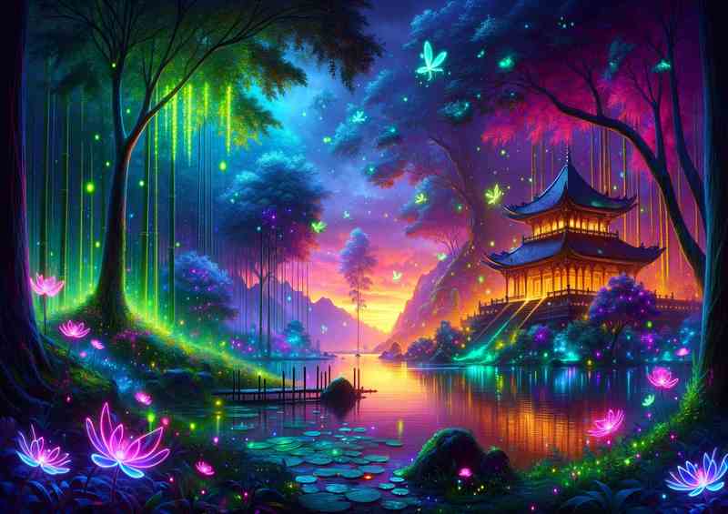 Lakeside Dusk with Fireflies | Neon Metal Poster