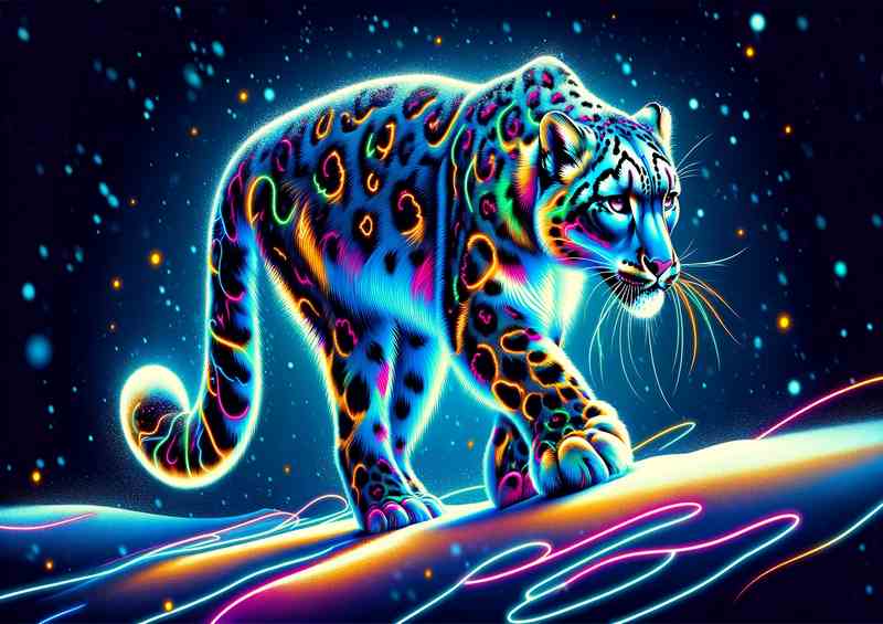 Snow leopard illuminated in a neon art style
