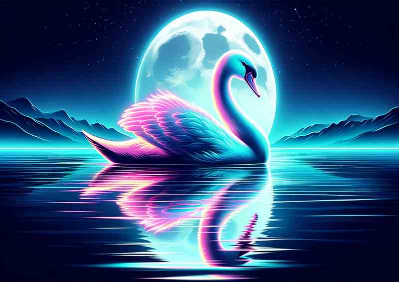 Swan gliding on a moonlit lake in a neon art style