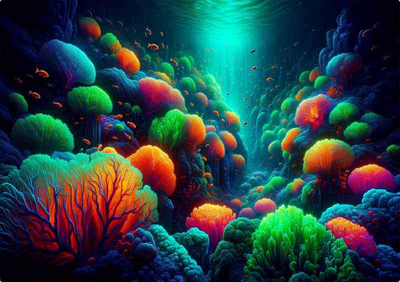 Underwater scene illuminated by neon corals