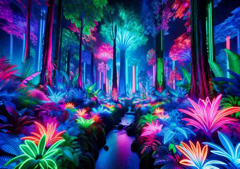 Wide angle image of a neon lit rainforest