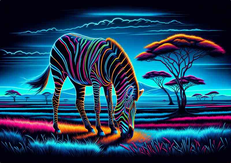 Neon Zebra Graze Metal Poster