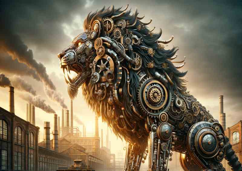 Majestic Mechanical Lion Roars at Dawn