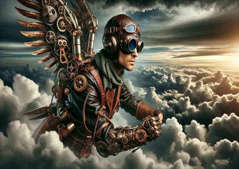 Steampunk Aviator Soars Above Clouds