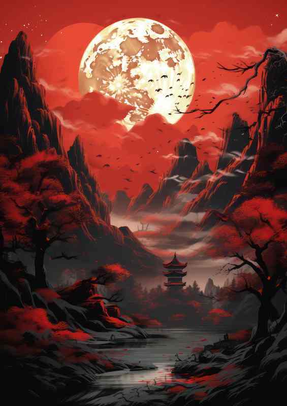 Majestic Mountains and Blooming skies with full moon