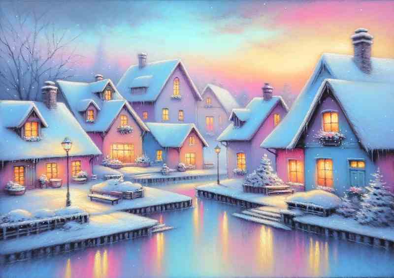 Pastel Peace A Snowy Village at Dusk