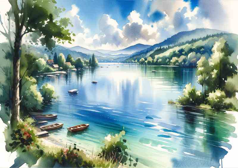 Summer Serenity A Lake View in Watercolor Style
