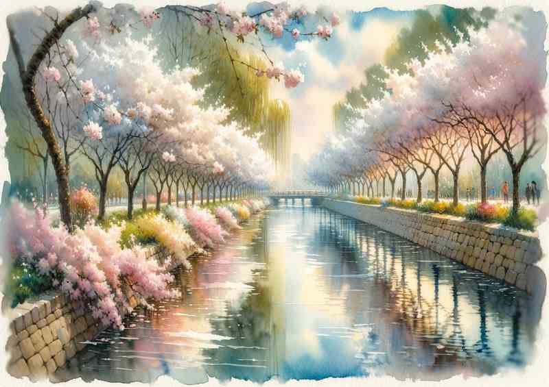 Springs Delight A Riverside Blossom in Watercolor Style