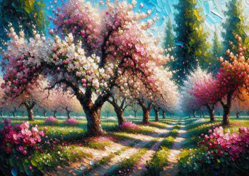 Springs Melody Blossoming Orchard Oil Painting Style