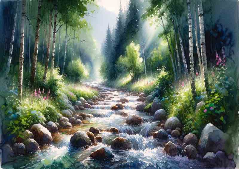 Summers Peace A Mountain Stream in Watercolor Style
