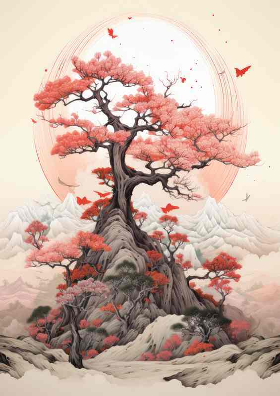 Tranquil Moments Japanese Mountains and Cherry Blossoms
