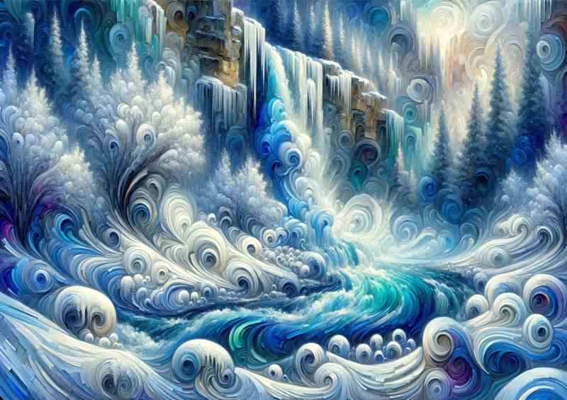 Icy Solace A Frozen Waterfall in Abstract Style