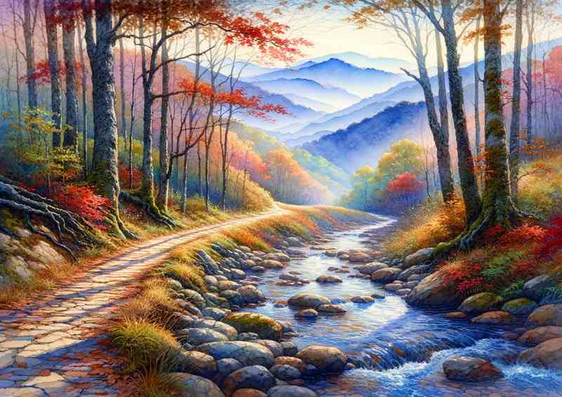 Autumns Embrace A Mountain Trail in Watercolor Style
