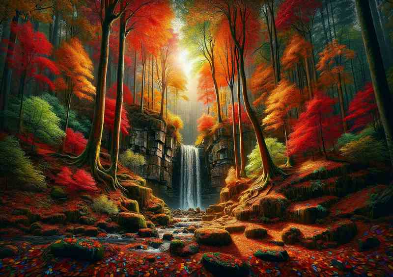 Secluded autumn forest with a hidden waterfall