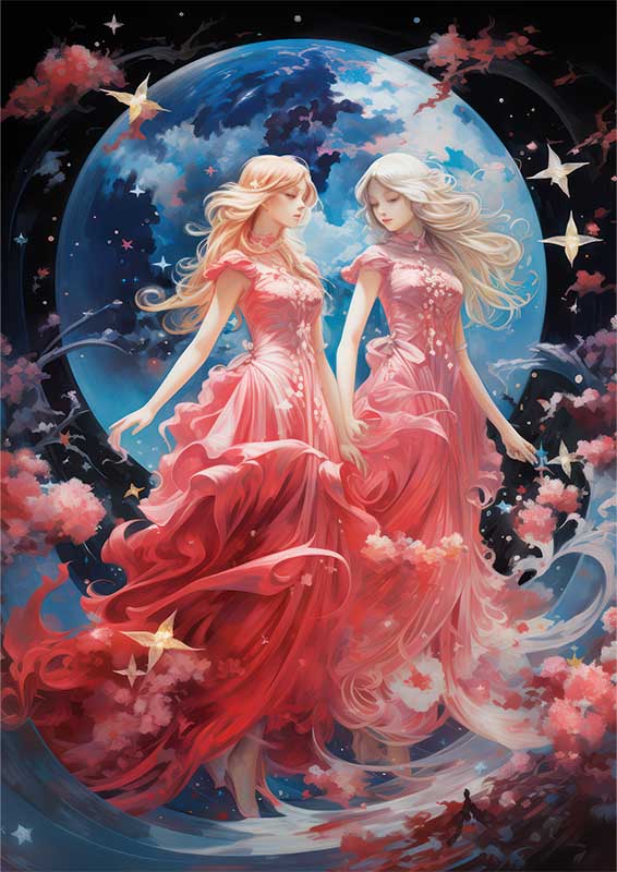 Anime girls in pink gowns playfully surrounded by stars