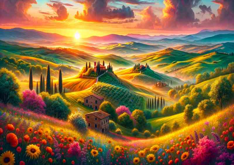 Enchanted Bloom Spring Sunrise over the Tuscan Hills