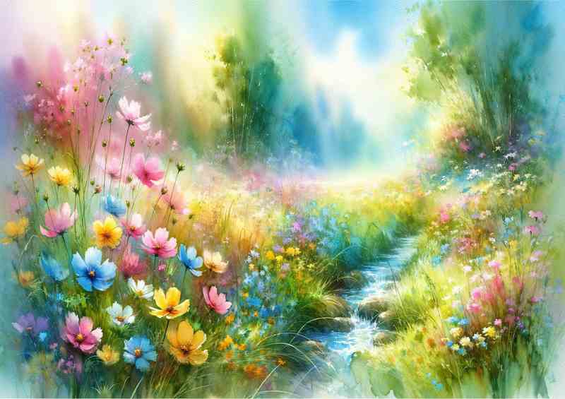 Gentle Awakening A Spring Meadow in Watercolor Style