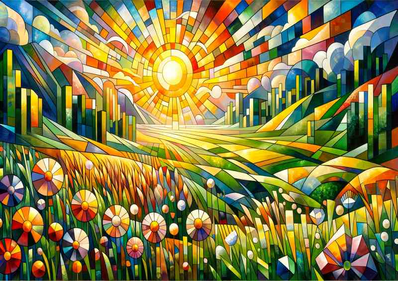Serenade of Spring A Meadow at Sunrise in Cubist Style