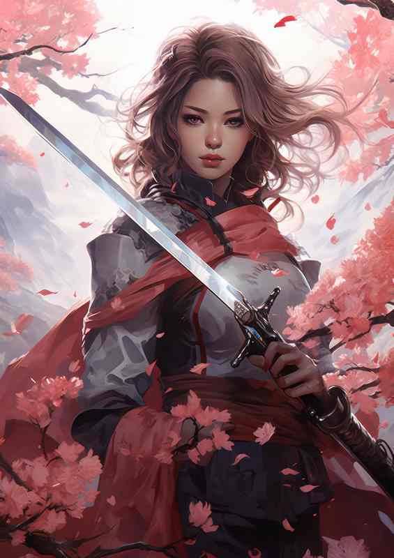 Anime style art with a sword style red pink cherry tree
