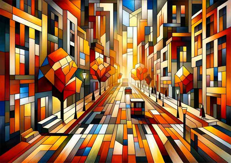 Autumns Glow A City Street in Cubist Style