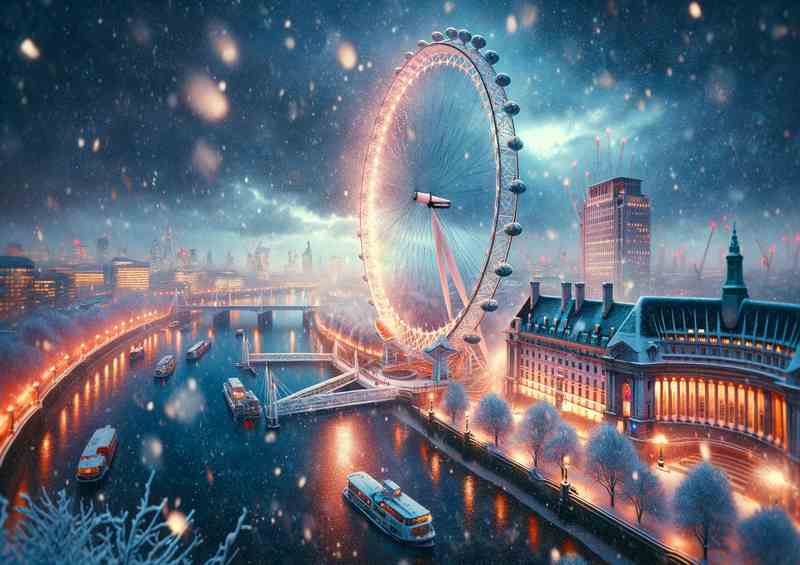 Frosty Twilight Snowfall Over the London Eye