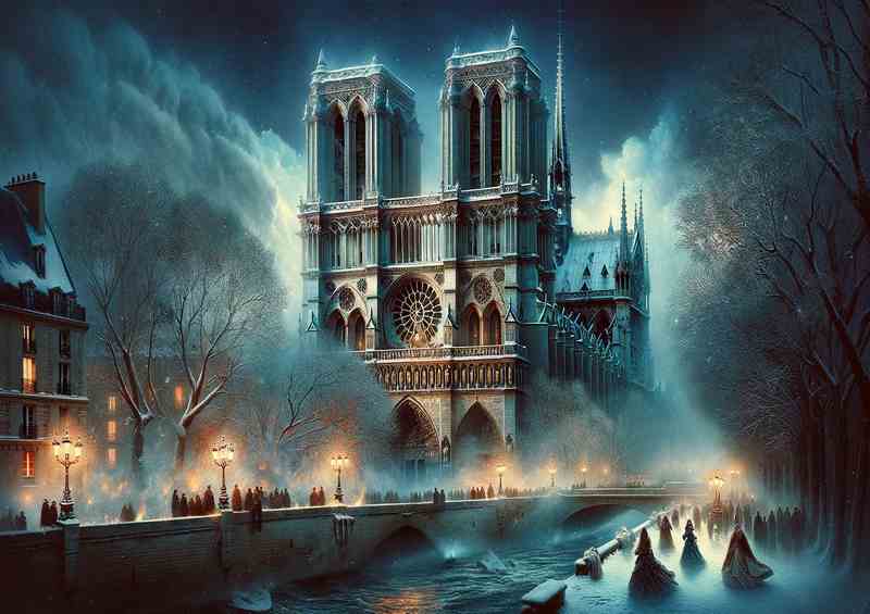 Neo Gothic Snowy Evening at Notre Dame Cathedral