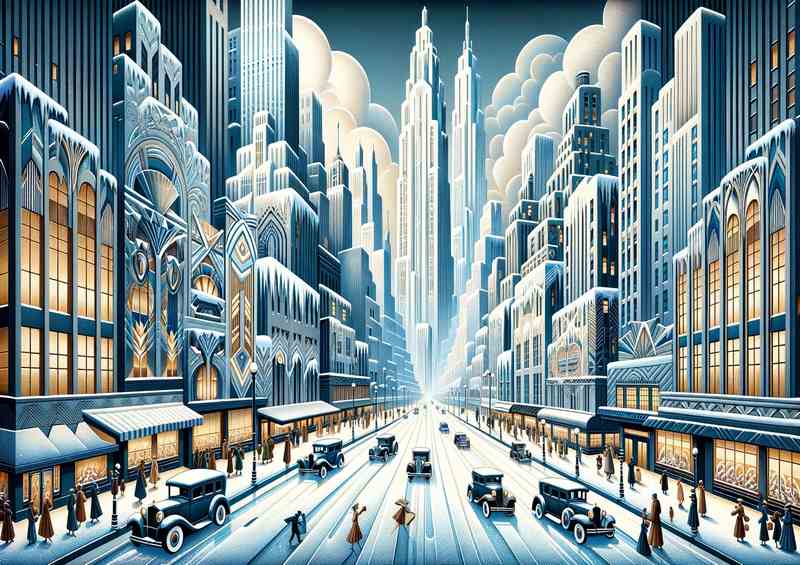 Winters Embrace A Snowy Cityscape in Art Deco Style