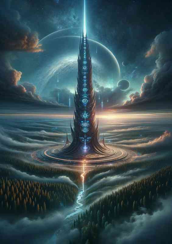 A fantasy planet The scene captures a colossal tower