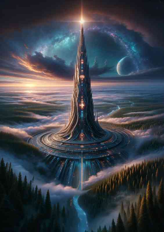 A stunning vertical view from a fantasy planet captures a tower