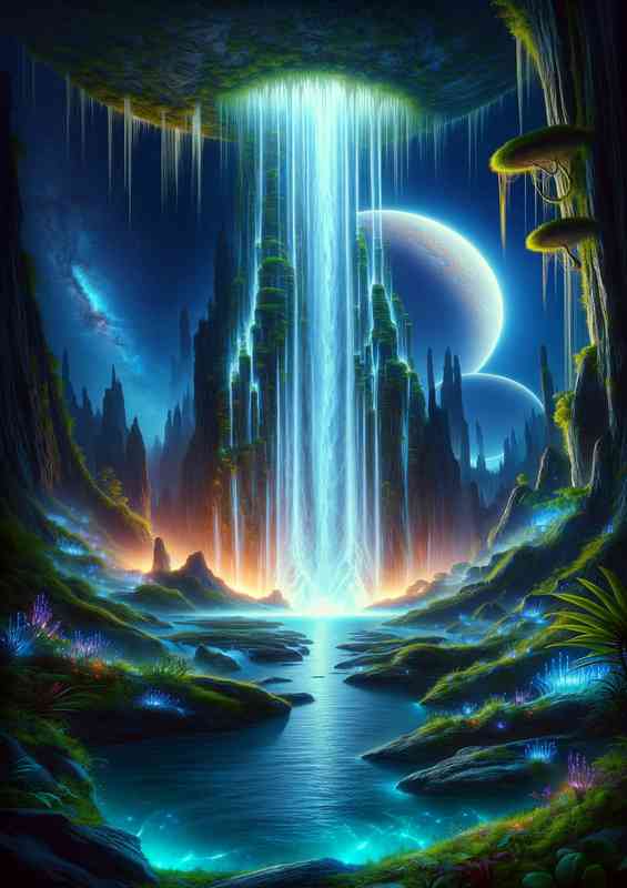 A unique vertical view from a fantasy planet magnifice waterfall