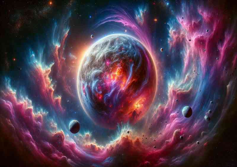 A fantasy planet surrounded by a colorful nebula