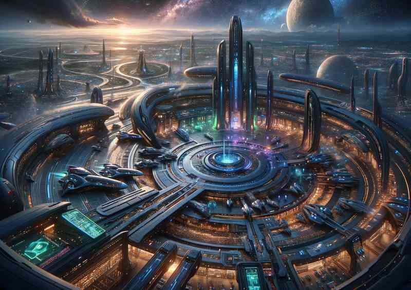 A dramatic view from a fantasy planet futuristic arena