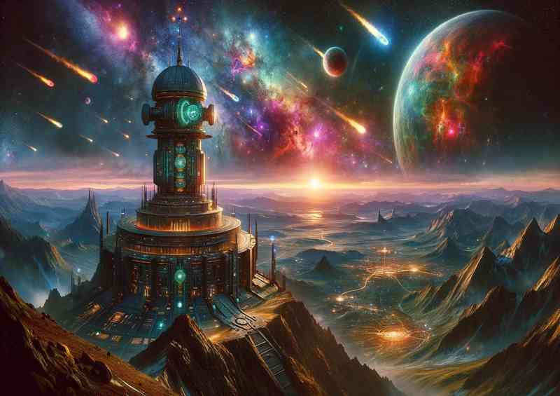 A dramatic view from a fantasy planetwith a ancient alien outpost