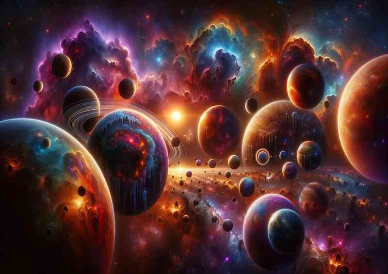 A fantastical space scene includes an array of mixed planets