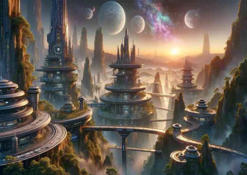A fantasy planet The scene depicts an alien city at dawn