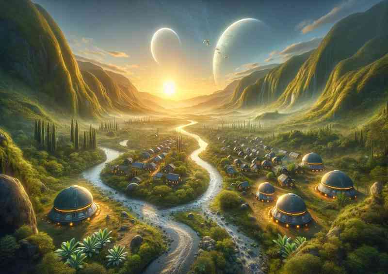A fantasy planet The scene presents a peaceful alien villa