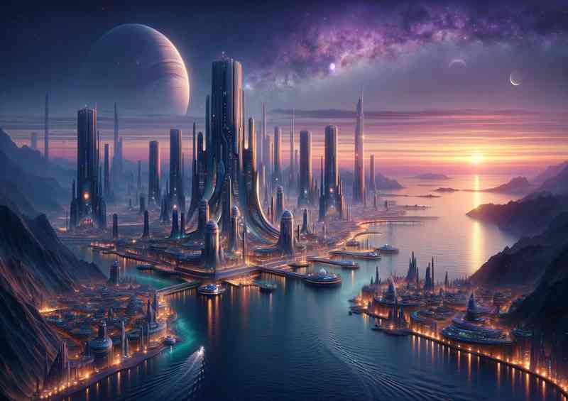 A fantasy planet an alien seaside city