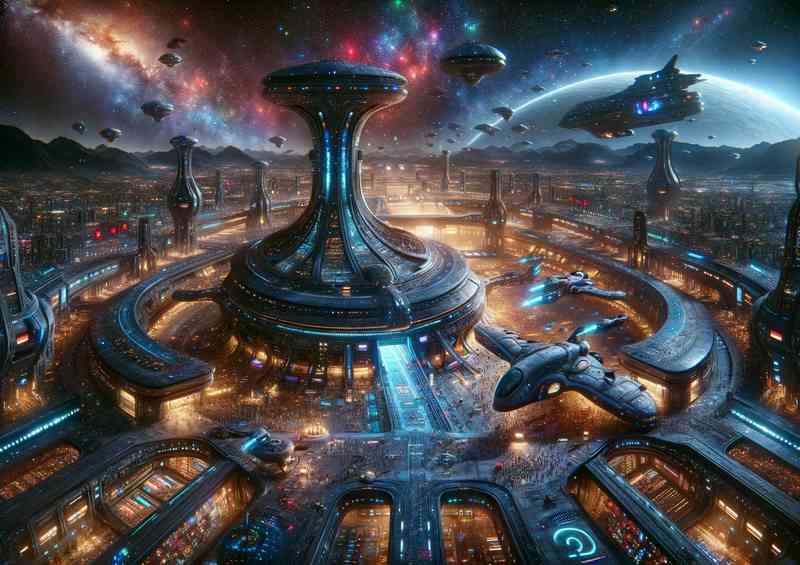 A fantasy planet depicts a large futuristic settlement