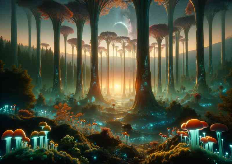 A fantasy planet illuminated mushrooms