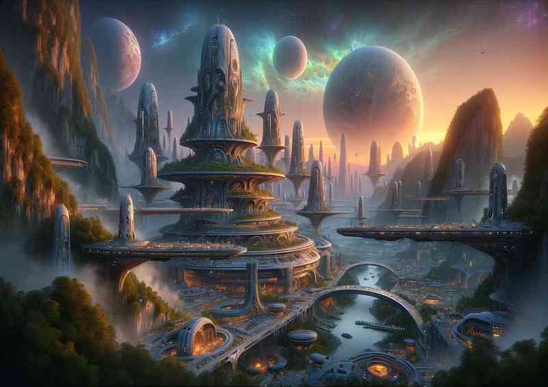 A fantasy planet. The scene depicts an alien city at dawn