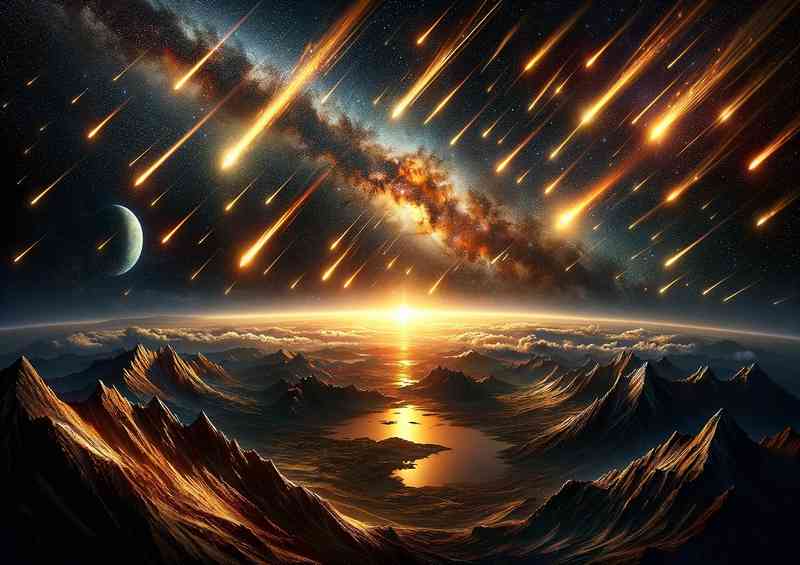 A fantasy space scene where a meteor shower illuminates the night sky